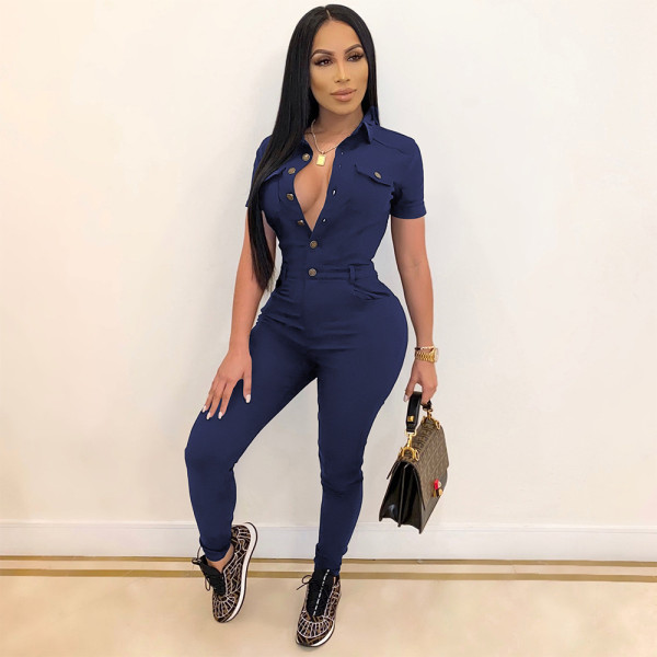 Solid color lapel short sleeved single breasted jumpsuit