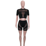 Hollow round neck short sleeved mesh splicing perspective set