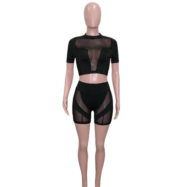 Hollow round neck short sleeved mesh splicing perspective set