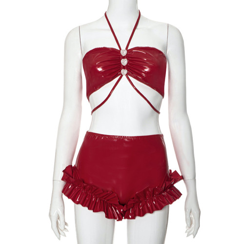 Sexy Love Neck Wrap Chest PU Leather High Waist Shorts Set