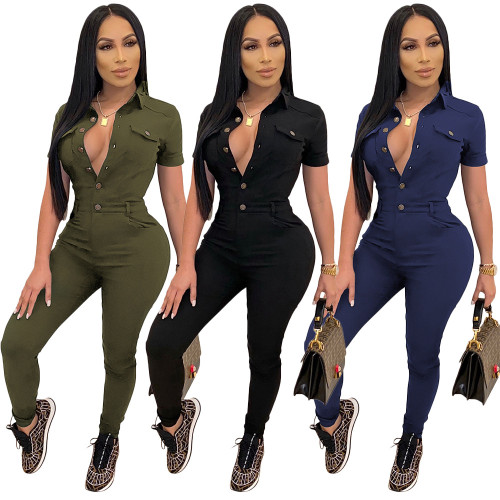 Solid color lapel short sleeved single breasted jumpsuit