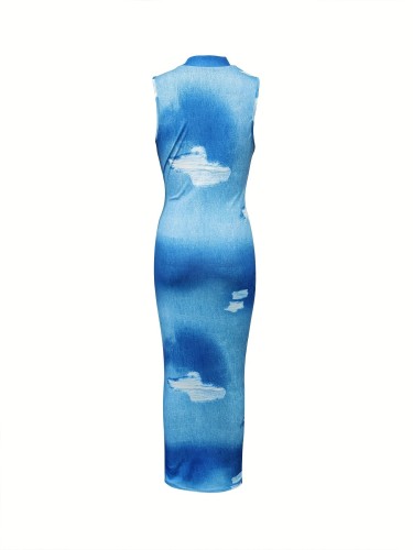 High necked sleeveless printed long dress