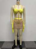 Solid color mesh splicing, perspective hanging neck strap, lace swimsuit three piece set