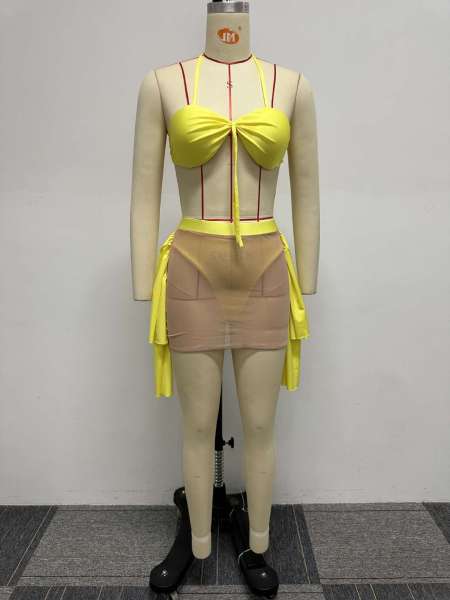 Solid color mesh splicing, perspective hanging neck strap, lace swimsuit three piece set