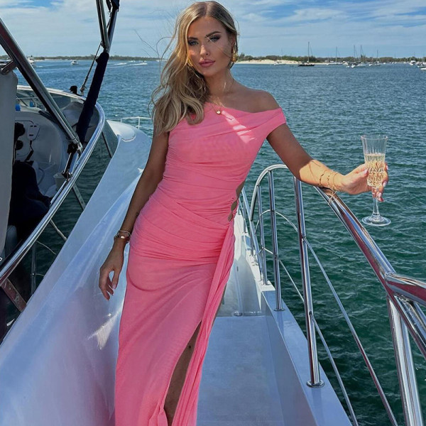 Temperament Slant Shoulder Long Dress Sexy Side Split Dress