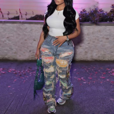 Jeans printed distressed casual women's denim pants