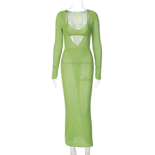 Hollow out casual slim fit long sweater set