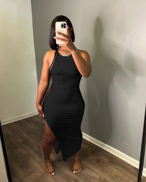 Sexy pit stripe patchwork mesh dress