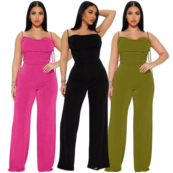 Low cut pleated strap sexy jumpsuit