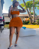 Women's knitted hand hook hollow tassel strapless sexy short skirt two-piece set