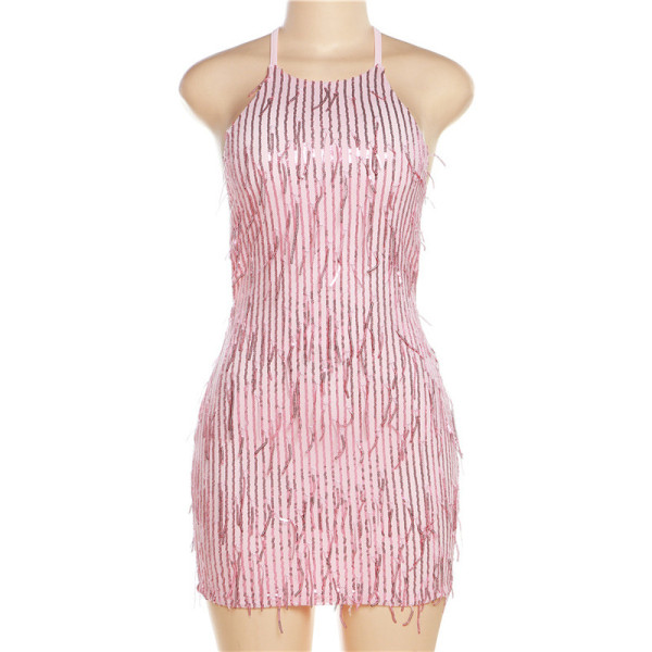 Hanging neck sexy backless sequin tassel dress