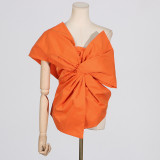 Solid color asymmetrical collar bow decoration patchwork top