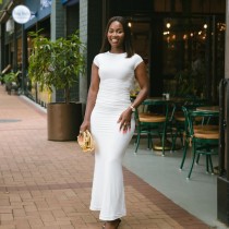 Round necked pullover short sleeved slim fit wrapped buttocks long women's dress