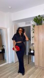 Hip wrapped skirt, shirt collar, short sleeves, navel exposed waist set