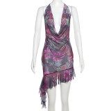 Strap sexy backless slim fit wrap buttocks printed dress