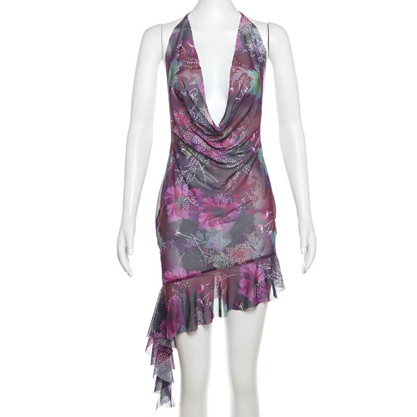 Strap sexy backless slim fit wrap buttocks printed dress
