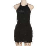 Hanging neck sexy backless sequin tassel dress
