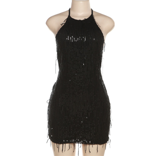Hanging neck sexy backless sequin tassel dress