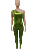 Sexy single-sided solid color pleated suspender small foot jumpsuit leather pants