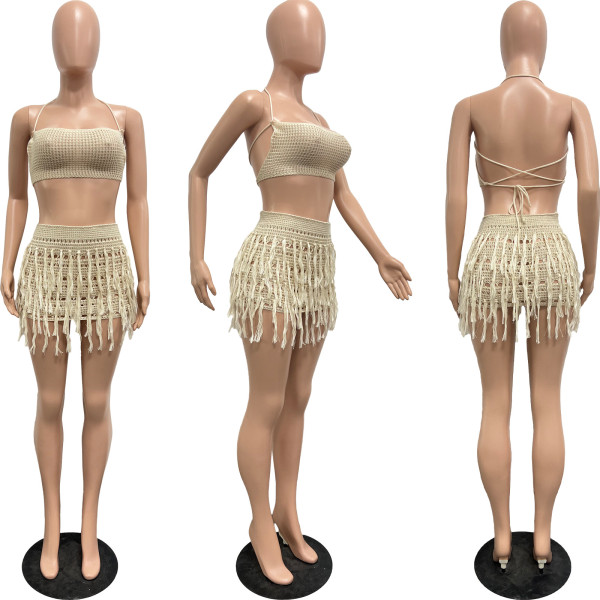 Women's knitted hand hook hollow tassel strapless sexy short skirt two-piece set