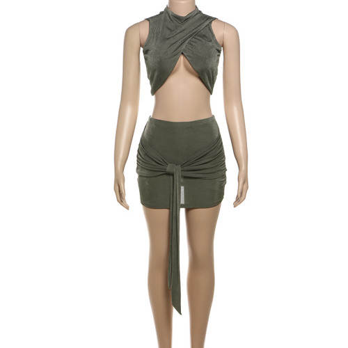 Fake two pieces of sexy slim fit short skirt set with exposed navel and buttocks