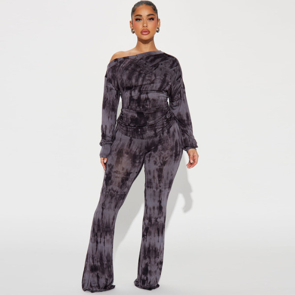 Women's long sleeved printed off shoulder tight fitting set