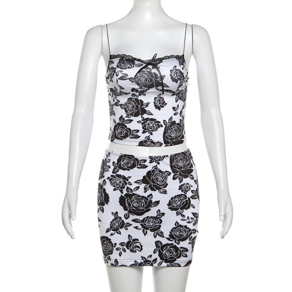 Printed camisole sexy slim fit bag hip short skirt set