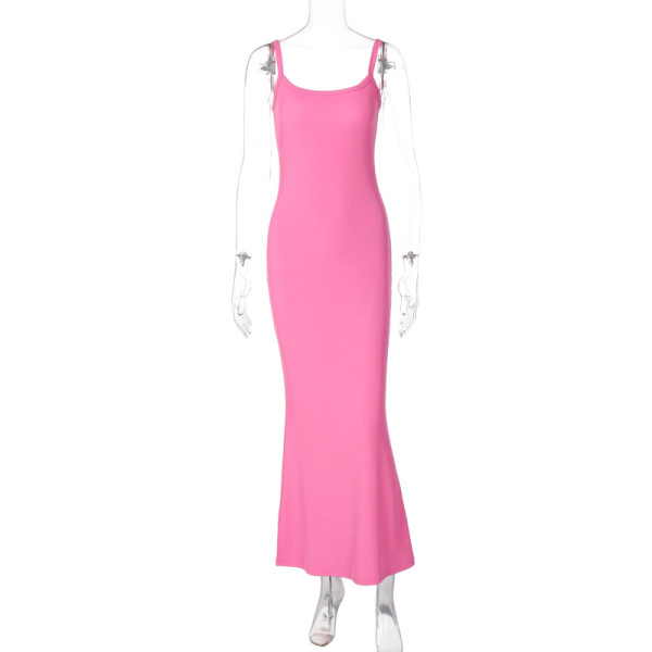 Open back slim fit solid color suspender dress