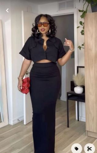 Hip wrapped skirt, shirt collar, short sleeves, navel exposed waist set