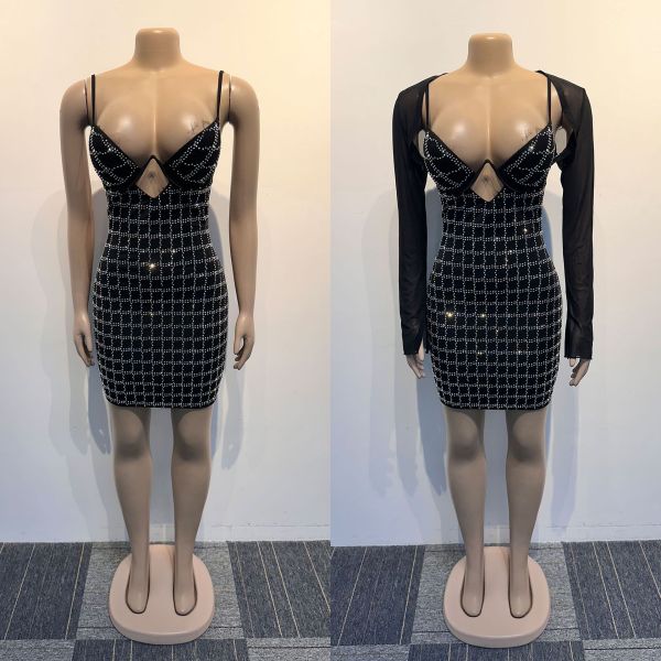 Hot Diamond Sling Elastic Wrap Hip Skirt with Mesh Top Set