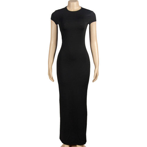 Round necked pullover short sleeved slim fit wrapped buttocks long women's dress