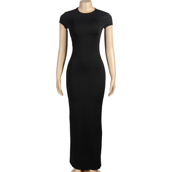 Round necked pullover short sleeved slim fit wrapped buttocks long women's dress