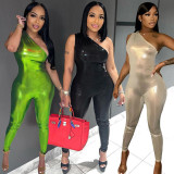Sexy single-sided solid color pleated suspender small foot jumpsuit leather pants