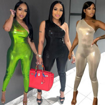 Sexy single-sided solid color pleated suspender small foot jumpsuit leather pants Sexy single-sided solid color pleated suspender small foot jumpsuit leather pants