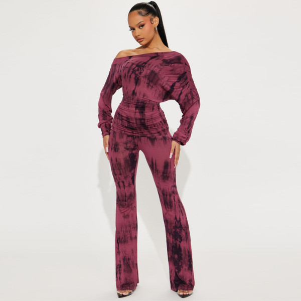 Women's long sleeved printed off shoulder tight fitting set