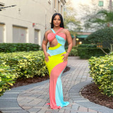 Sleeveless tight fitting color blocking long skirt with hanging neck print dress