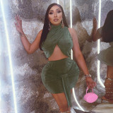 Fake two pieces of sexy slim fit short skirt set with exposed navel and buttocks