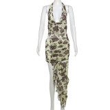 Sexy deep V-neck hanging floral irregular dress