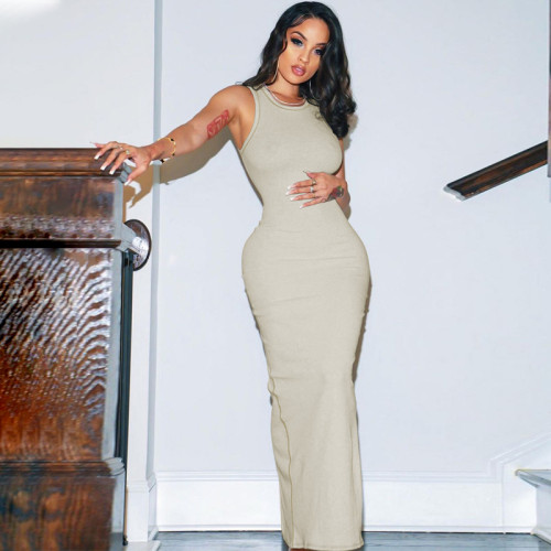 Solid color slim fit round neck sleeveless dress