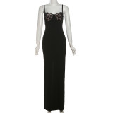 Lace patchwork suspender long dress, sexy slim fit dress