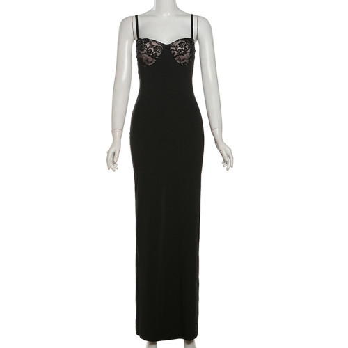 Lace patchwork suspender long dress, sexy slim fit dress