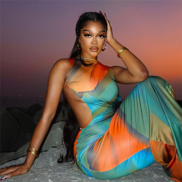 Gradient round neck sleeveless backpack hip dress