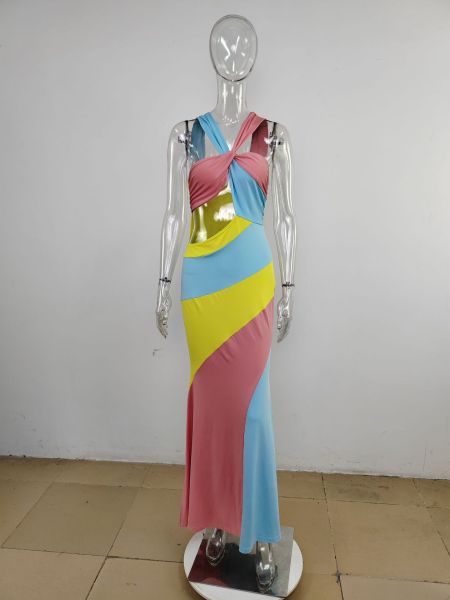 Sleeveless tight fitting color blocking long skirt with hanging neck print dress