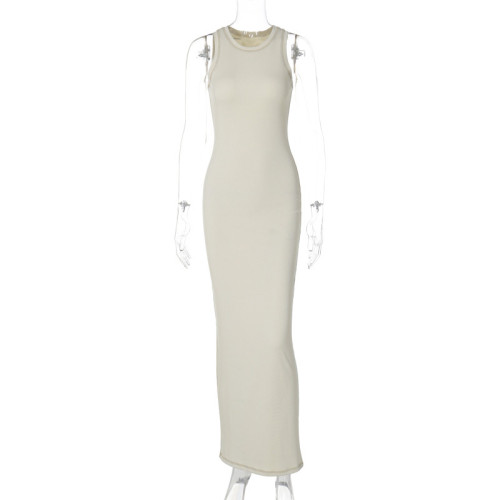Solid color slim fit round neck sleeveless dress