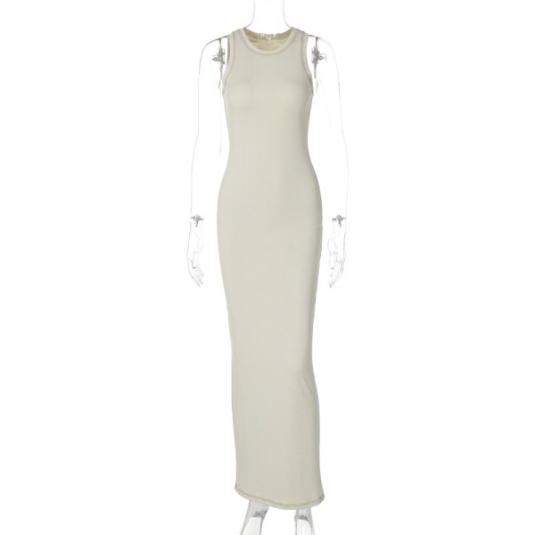 Solid color slim fit round neck sleeveless dress