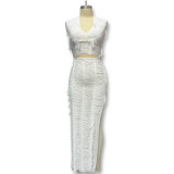 Solid color hip high slit half skirt two-piece set
