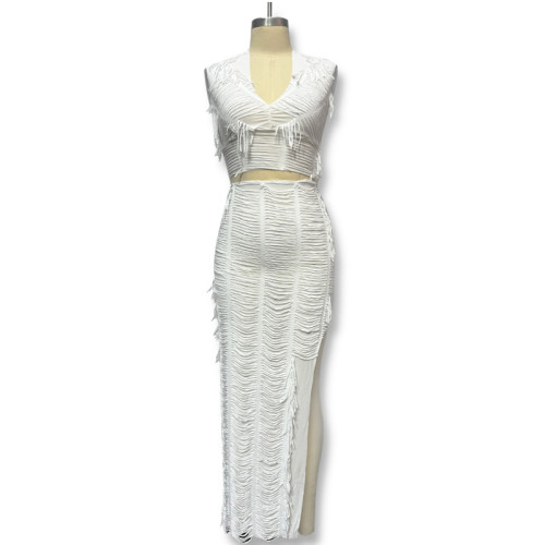 Solid color hip high slit half skirt two-piece set