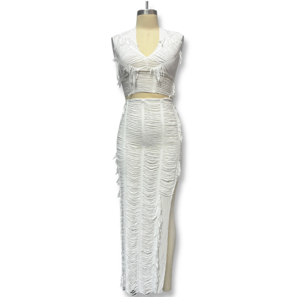 Solid color hip high slit half skirt two-piece set