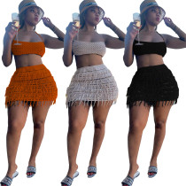 Women's knitted hand hook hollow tassel strapless sexy short skirt two-piece set Women's knitted hand hook hollow tassel strapless sexy short skirt two-piece set