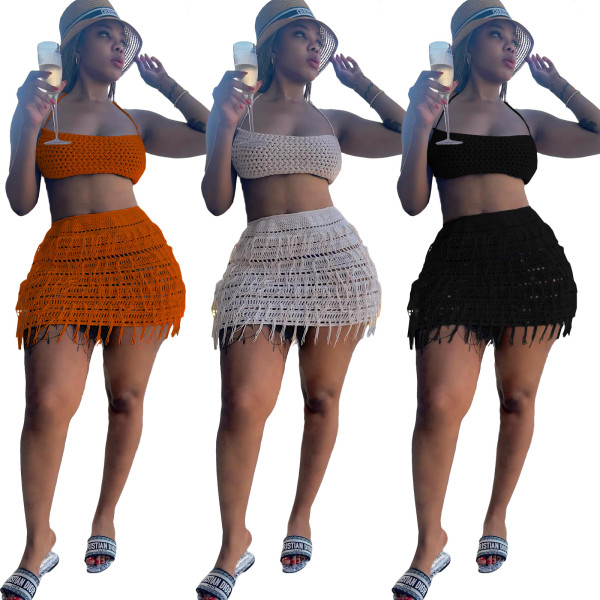 Women's knitted hand hook hollow tassel strapless sexy short skirt two-piece set